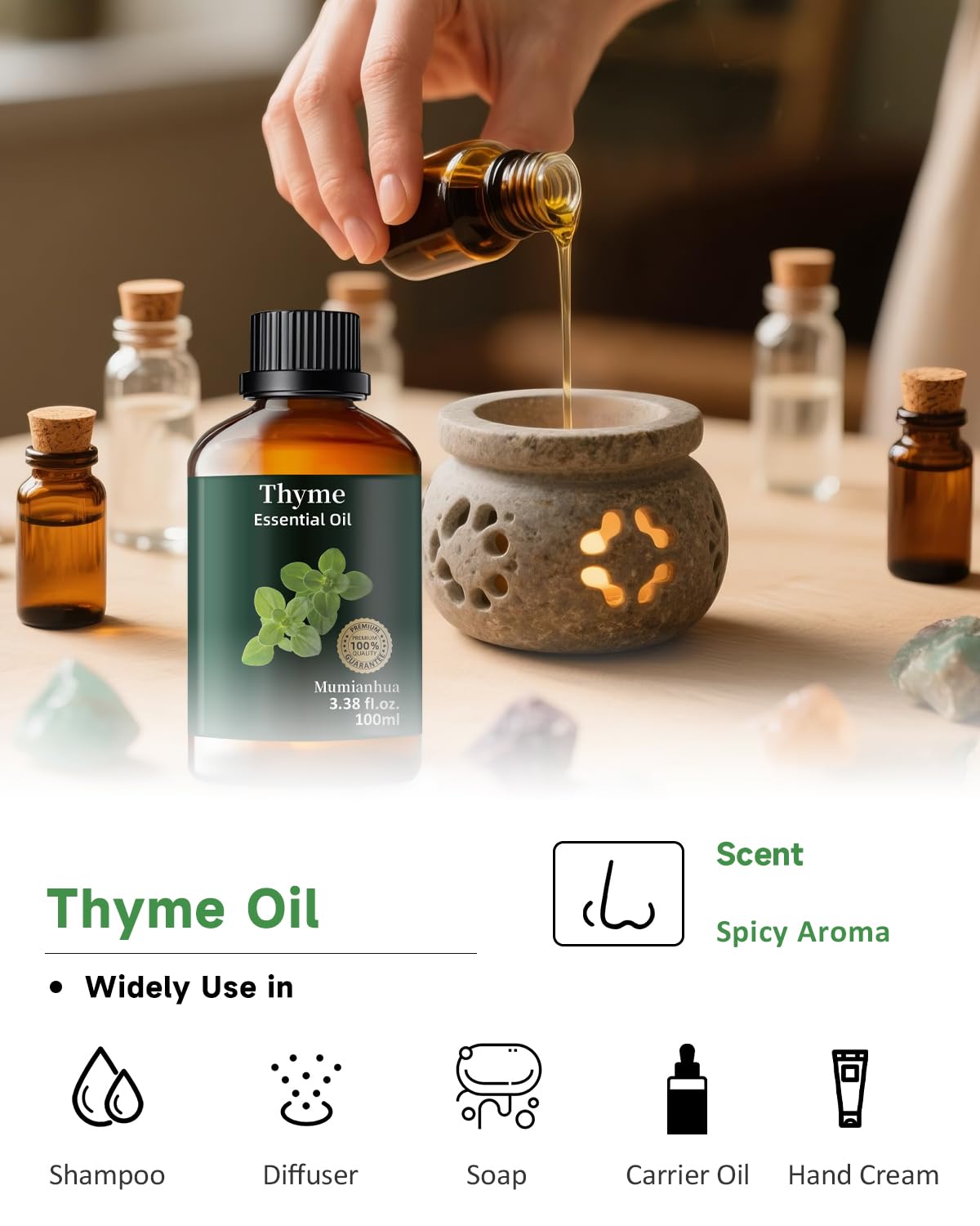 Pure Thyme Essential Oil - Outdoor Shield & Aromatherapy (3.38 Fl Oz)