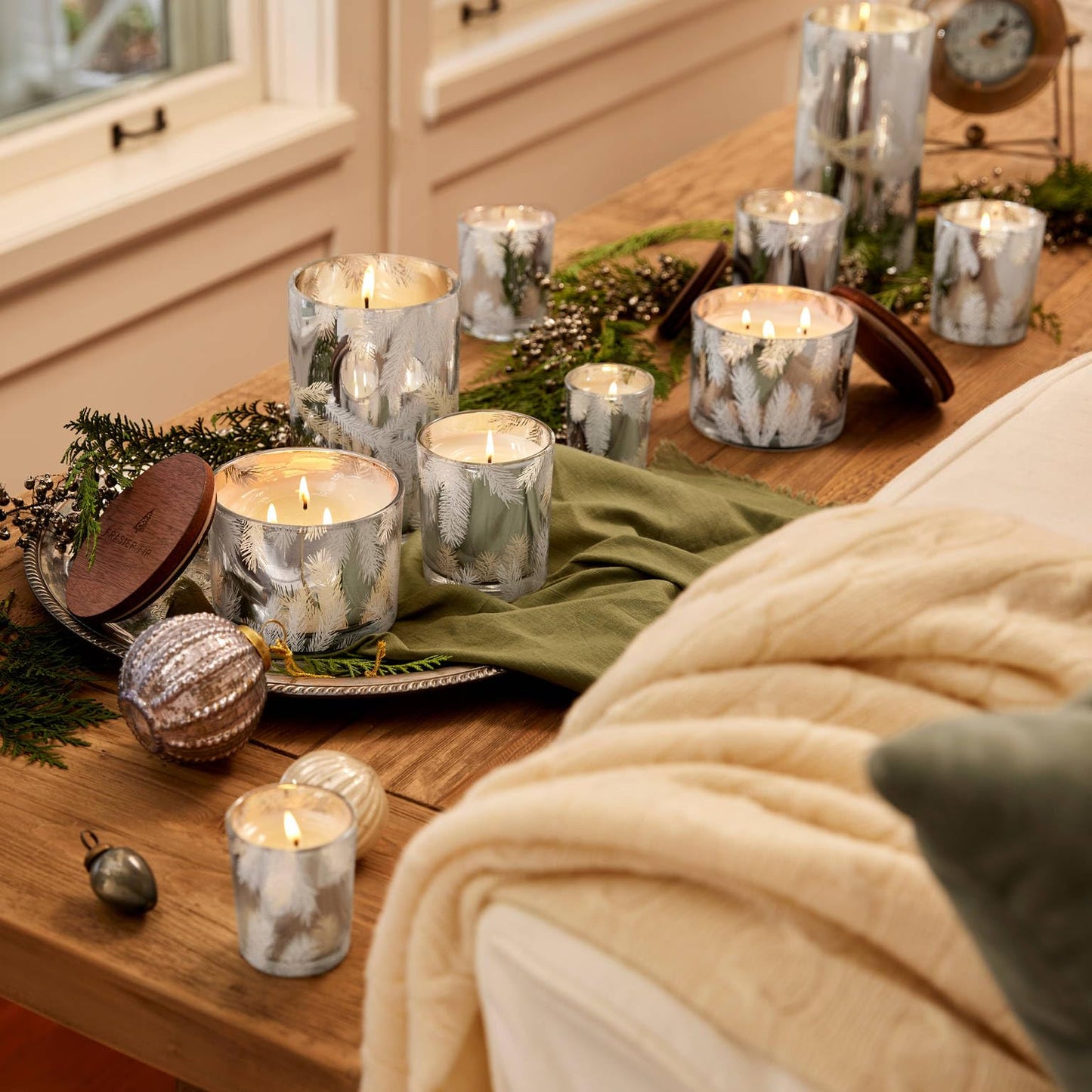 Thymes Frasier Fir Candles - Silver Pine Needle Luminary, 20 oz | Statement Collection