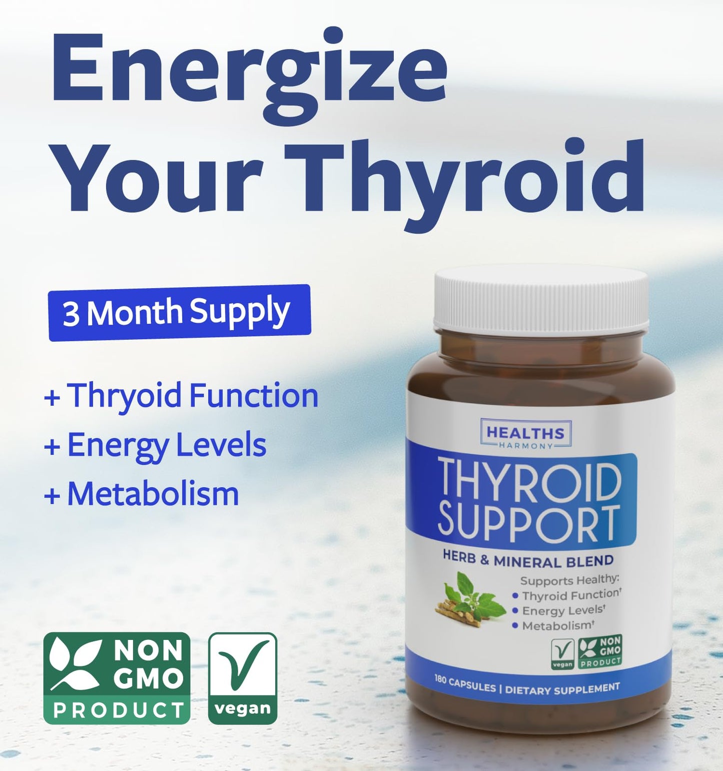 Thyroid Support with Iodine - 180 Capsules (Non-GMO) – 90 Day Supply