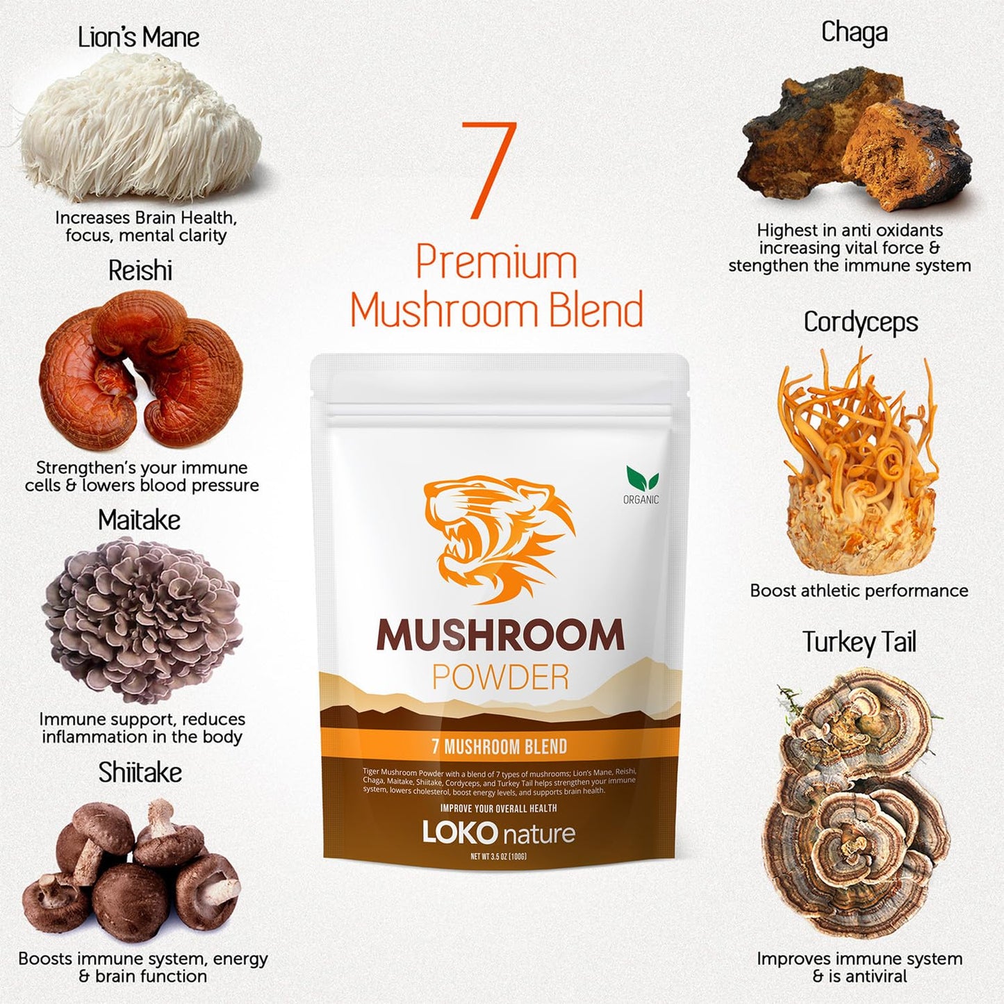 Tiger 7 Mushroom Powder Extract - 3.5oz (100g) | 7-Mushroom Blend | Vegan, Gluten-Free, Dairy-Free