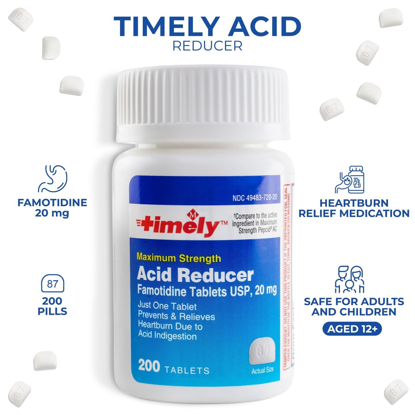Timely Acid Reducer 20mg Famotidine – 200 Tablets | Heartburn Relief | TIME-CAP LABS, INC.