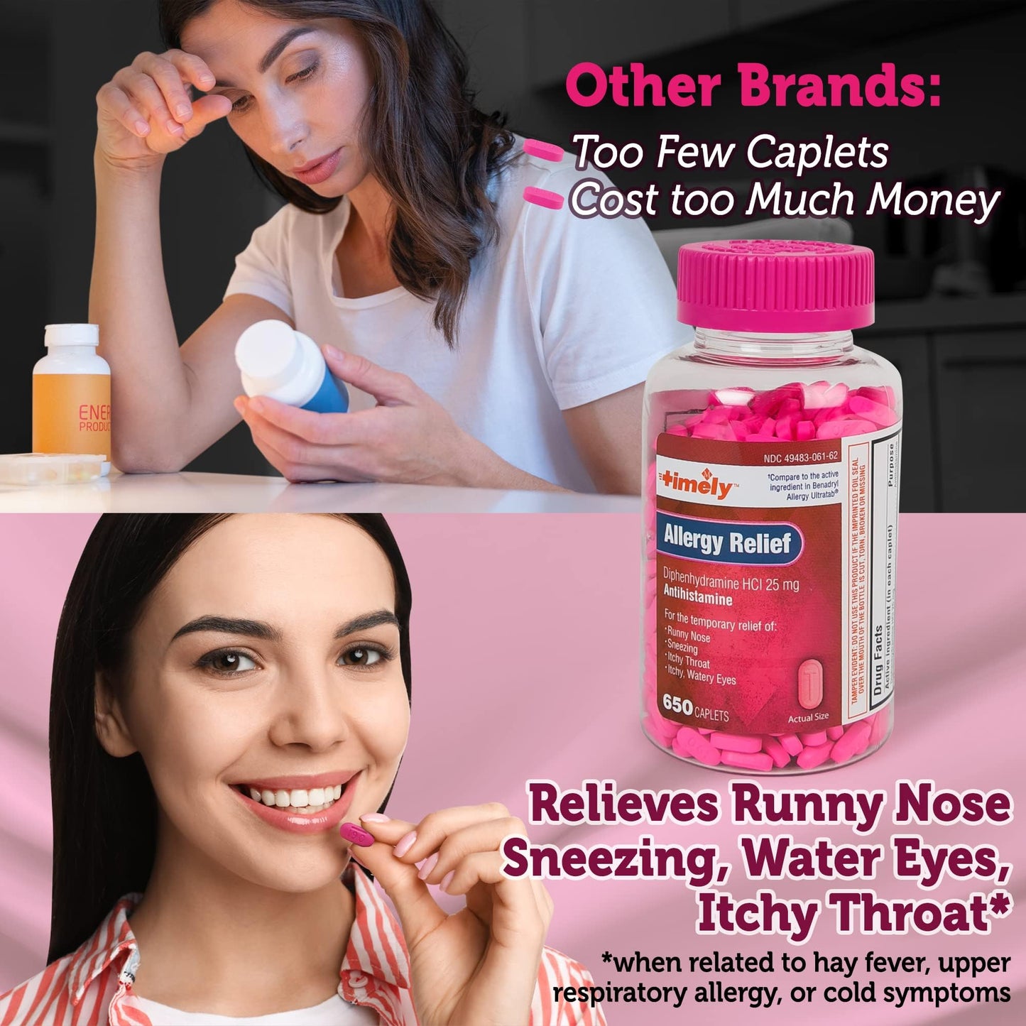 Timely Allergy Relief Diphenhydramine HCl 25 mg | 650 Caplets | Adults | Comparable to Benadryl