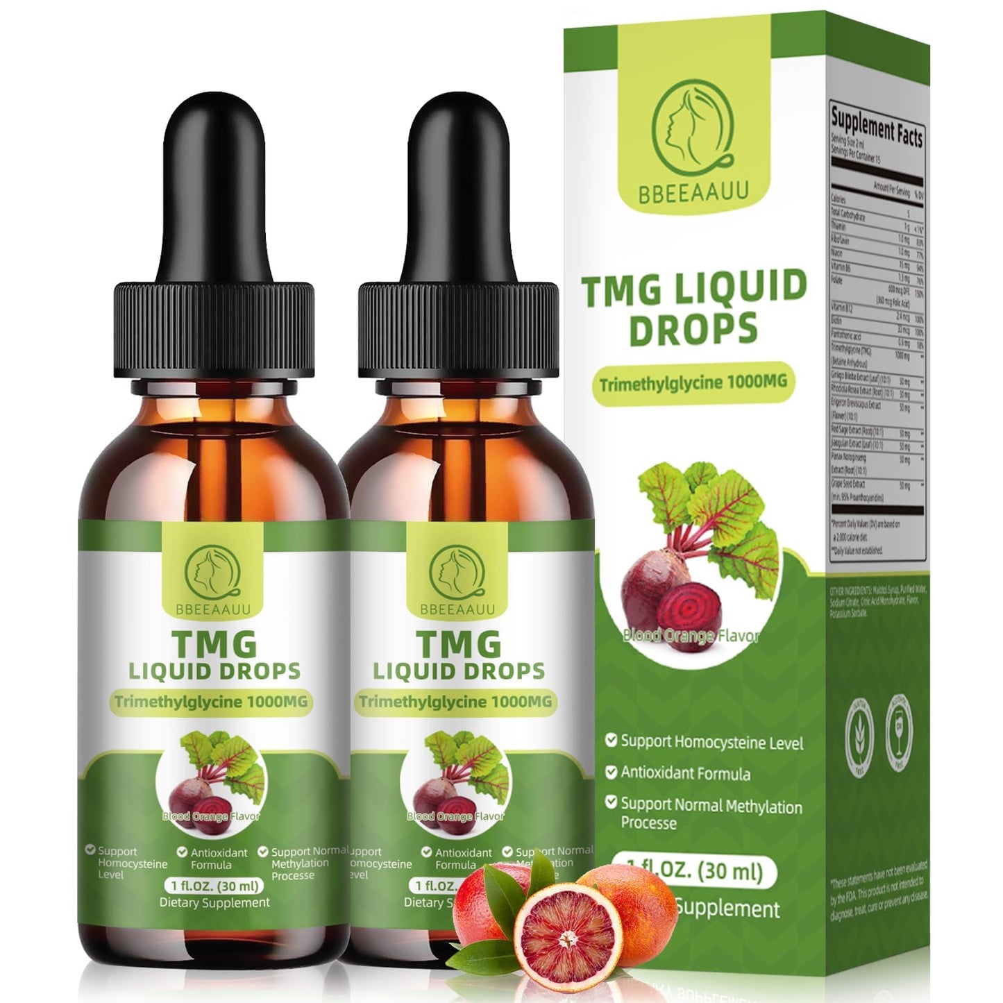 TMG Supplements 1000MG Liquid Drops – High-Absorption Betaine, Liver & Cognitive Support | Vegan, Non-GMO, Blood Orange Flavor (2 Pack)