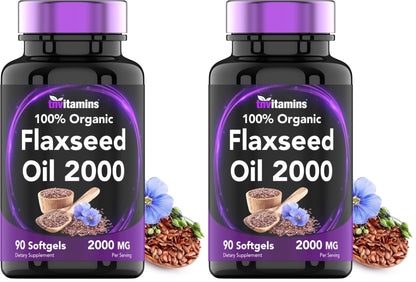 tnvitamins Organic Flaxseed Oil Softgels 2000 mg | 90 Softgels | Omega-3 | Non-GMO (Pack of 2)