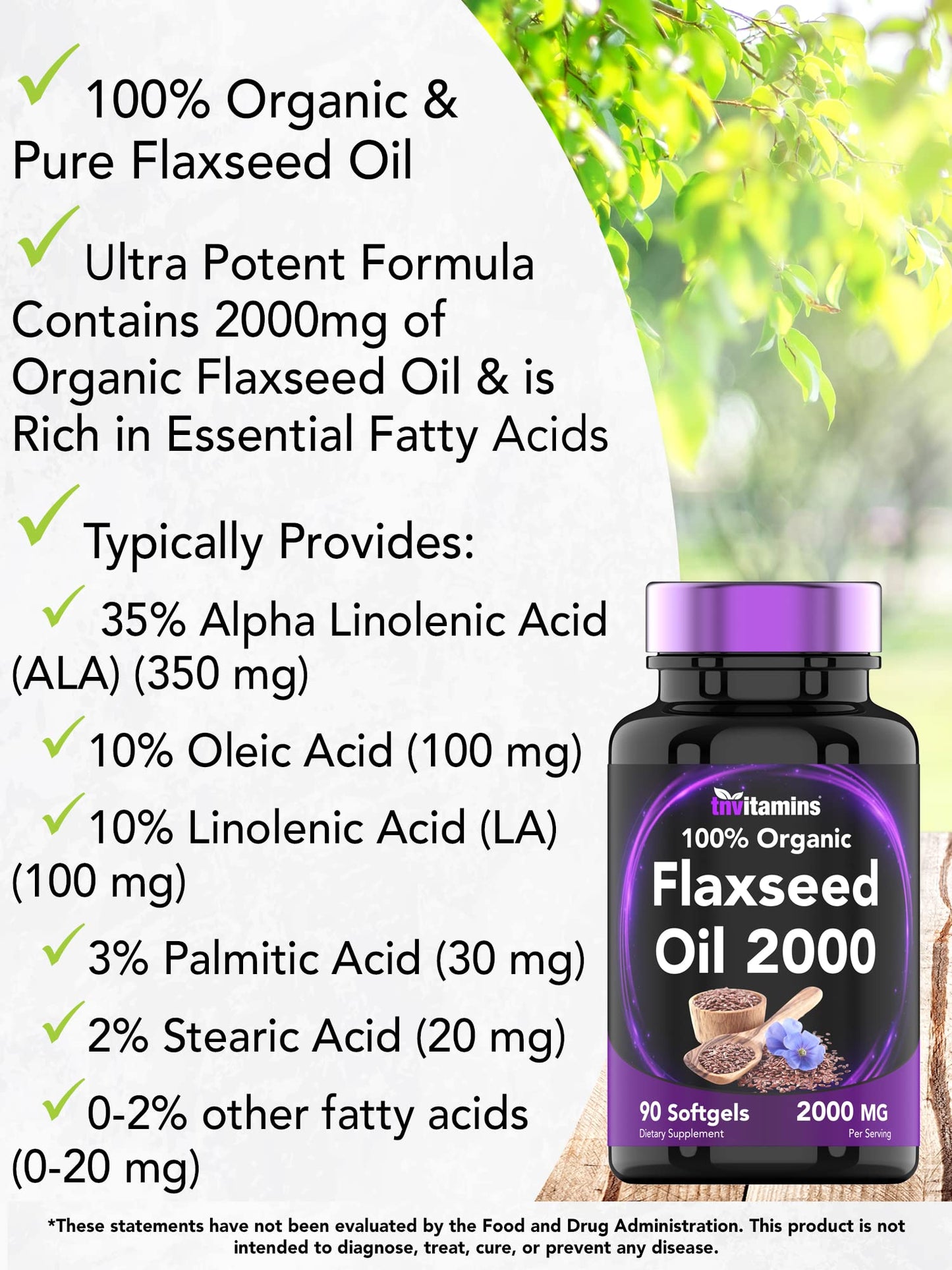 tnvitamins Organic Flaxseed Oil Softgels 2000 mg | 90 Softgels | Omega-3 | Non-GMO (Pack of 2)