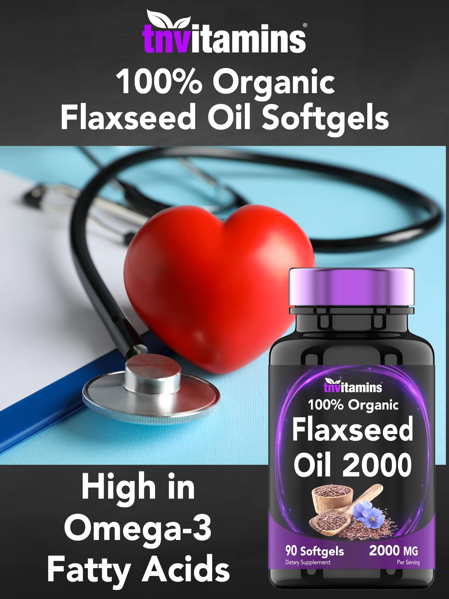 tnvitamins Organic Flaxseed Oil Softgels 2000 mg | 90 Softgels | Omega-3 | Non-GMO (Pack of 2)