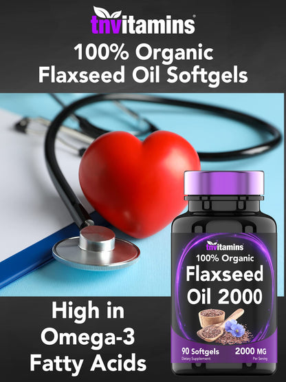 tnvitamins Organic Flaxseed Oil Softgels 2000 mg | 90 Softgels | Omega-3 | Non-GMO (Pack of 2)