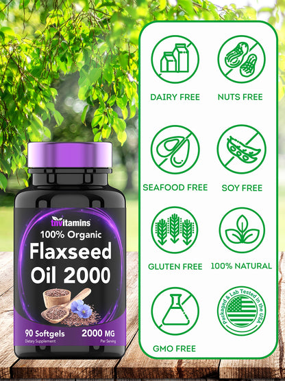 tnvitamins Organic Flaxseed Oil Softgels 2000 mg | 90 Softgels | Omega-3 | Non-GMO (Pack of 2)