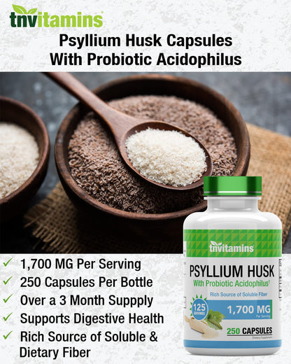 tnvitamins Psyllium Husk Capsules 1700mg | Probiotic Acidophilus | Digestive Fiber (2-Pack)
