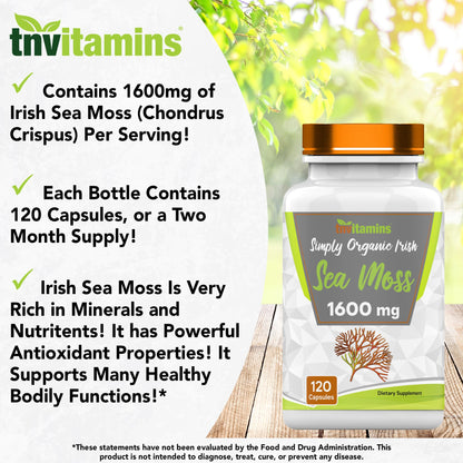 TNVitamins Organic Irish Sea Moss 1600mg – 120 Capsules, 2-Month Supply, Non-GMO, Made in USA