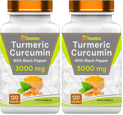 TNVitamins Turmeric Curcumin Capsules with Black Pepper - 3000 mg | 120 Capsules | Extra Strength | Non-GMO | Made in USA (Pack of 2)