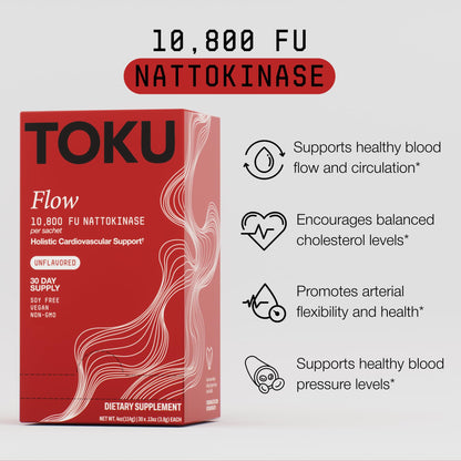 Toku Flow, Functional Daily Powder with 10,800 FU Soy-Free Nattokinase, Vitamin K2 MK7 & Oat Beta Glucan, Plant-Based Formula, Chocolate Flavor, 30 Packets