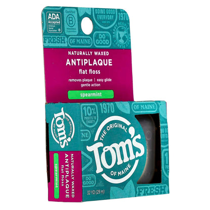 Tom's of Maine Natural Waxed Antiplaque Flat Floss – Spearmint, 32 Yards, Pack of 2 | ADA Accepted