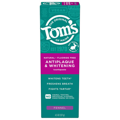 Tom's of Maine Antiplaque and Whitening Toothpaste - Fluoride Free, Fennel, 4.5 oz