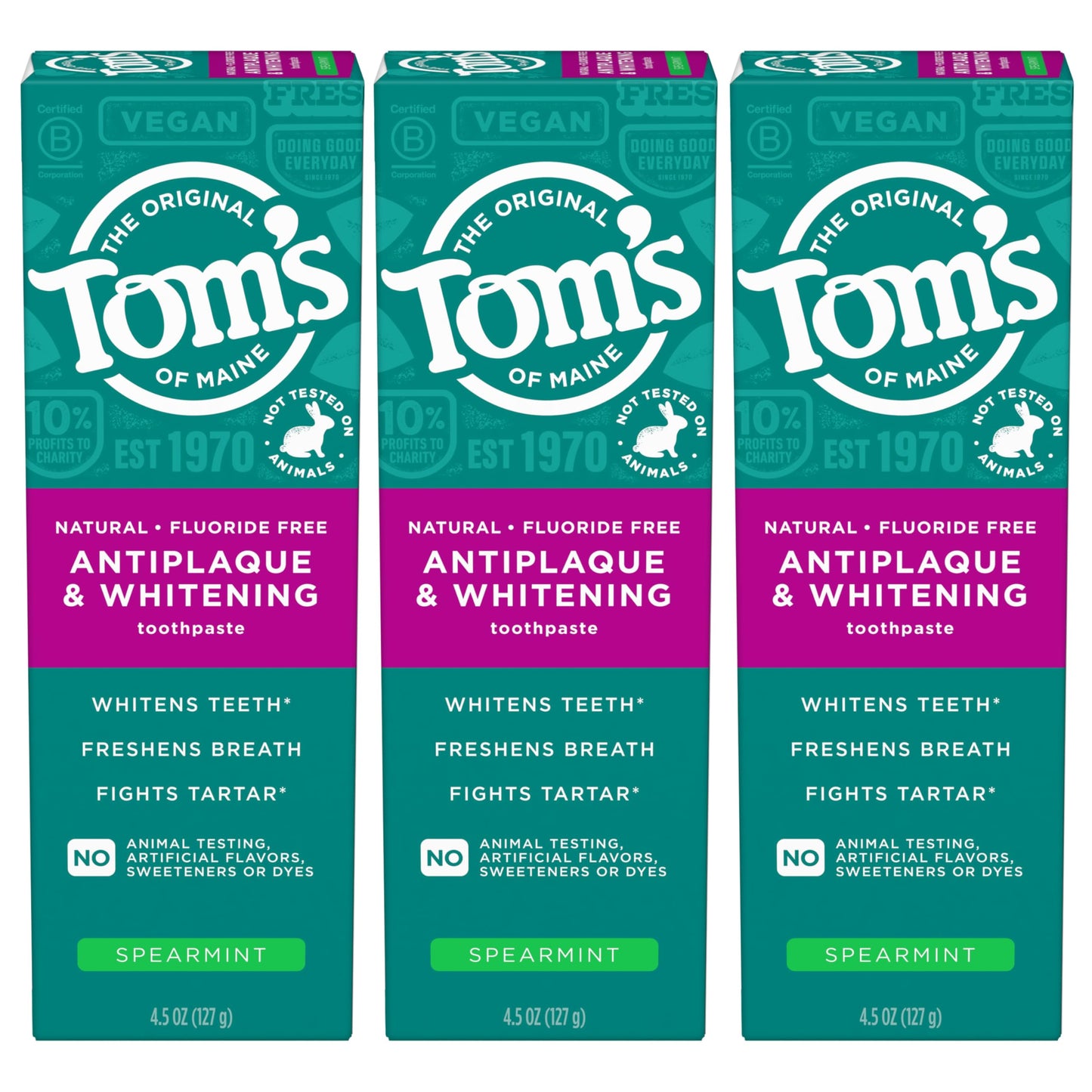 Tom’s of Maine Antiplaque & Whitening Fluoride Free Toothpaste Spearmint 3-Pack