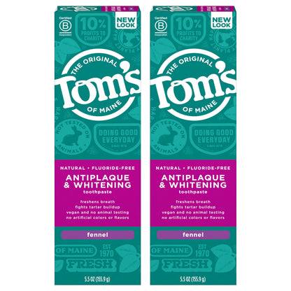 Tom's of Maine Fluoride-Free Antiplaque & Whitening Toothpaste – Fennel, 5.5 oz, 2-Pack