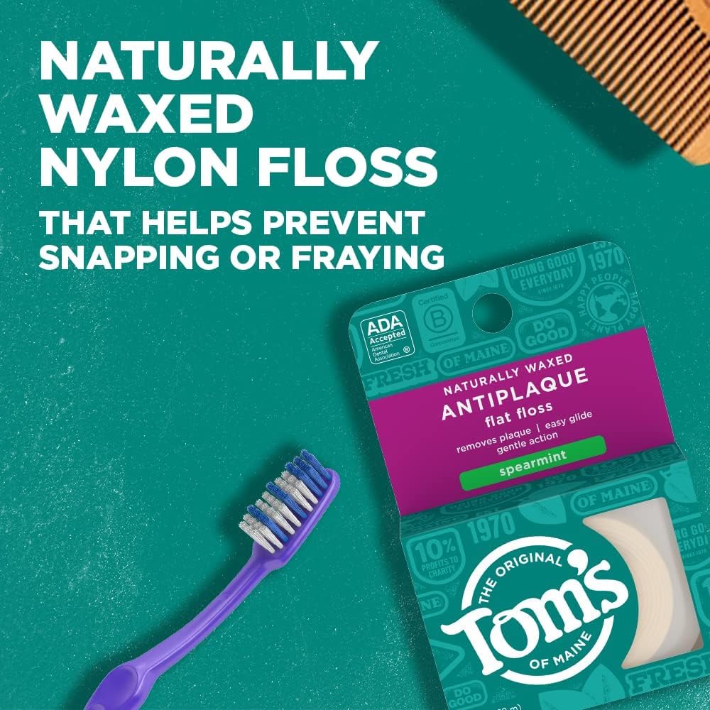 Tom's of Maine Natural Waxed Antiplaque Flat Floss – Spearmint, 32 Yards, Pack of 2 | ADA Accepted