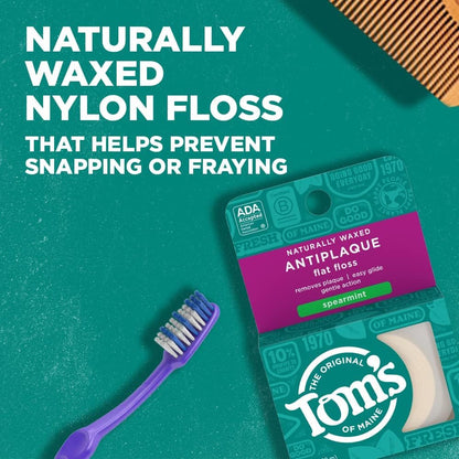 Tom's of Maine Natural Waxed Antiplaque Flat Floss – Spearmint, 32 Yards, Pack of 2 | ADA Accepted