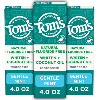 Tom’s of Maine Whiten Plus Coconut Oil Fluoride Free Toothpaste — Natural Whitening, Enamel Safe, Vegan, Gentle Mint, 4.0 Oz (Pack of 3)