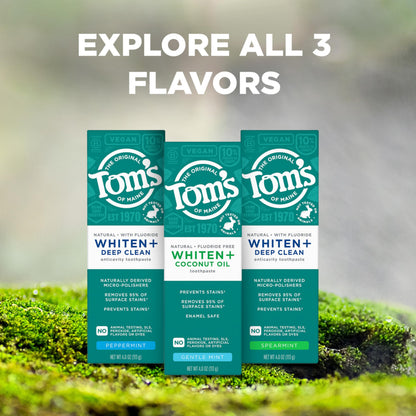 Tom’s of Maine Whiten Plus Coconut Oil Fluoride Free Toothpaste — Natural Whitening, Enamel Safe, Vegan, Gentle Mint, 4.0 Oz (Pack of 3)