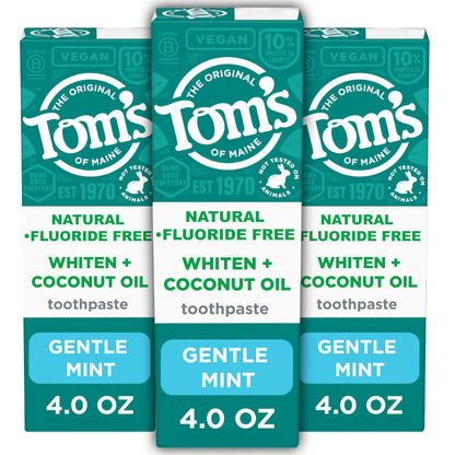 Tom’s of Maine Whiten Plus Coconut Oil Fluoride Free Toothpaste — Natural Whitening, Enamel Safe, Vegan, Gentle Mint, 4.0 Oz (Pack of 3)