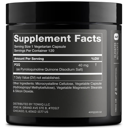 Toniiq 99%+ 40mg PQQ Supplement - Ultra High Purity, 120 Veg Capsules