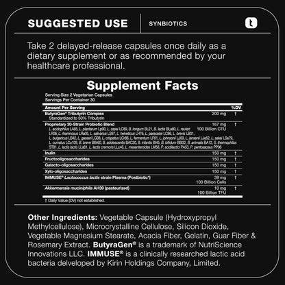Toniiq Prebiotics and Probiotics – 200B TFU Synbiotic with IMMUSE and ButyraGen – 30 Strains – 60 Capsules