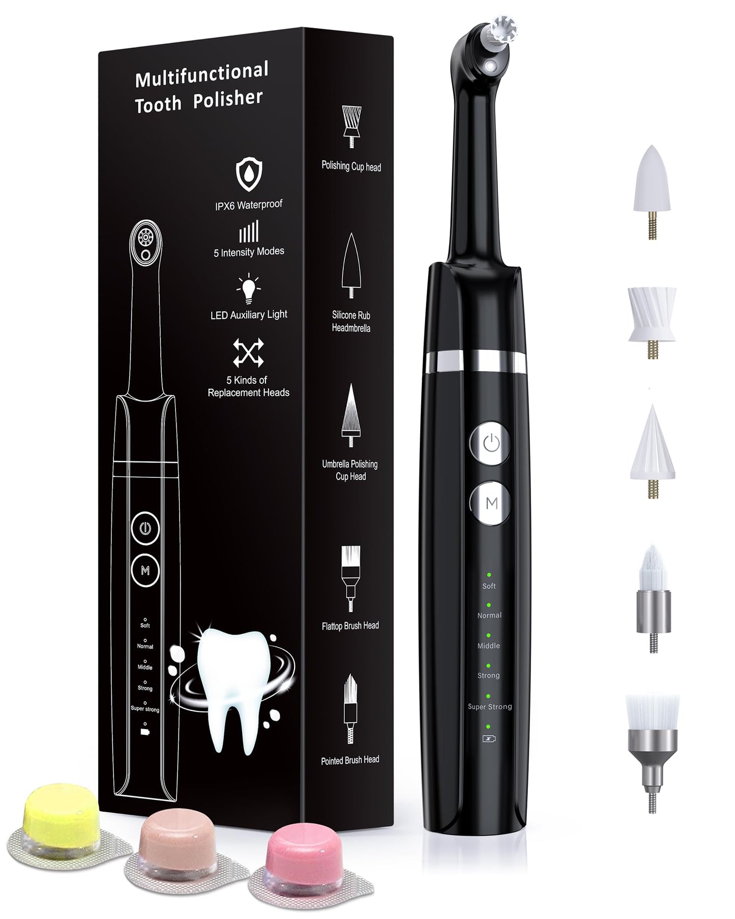 Tooth Polisher Rechargeable Whitening Kit - 3 Pastes, 5 Heads, LED Light (Black)