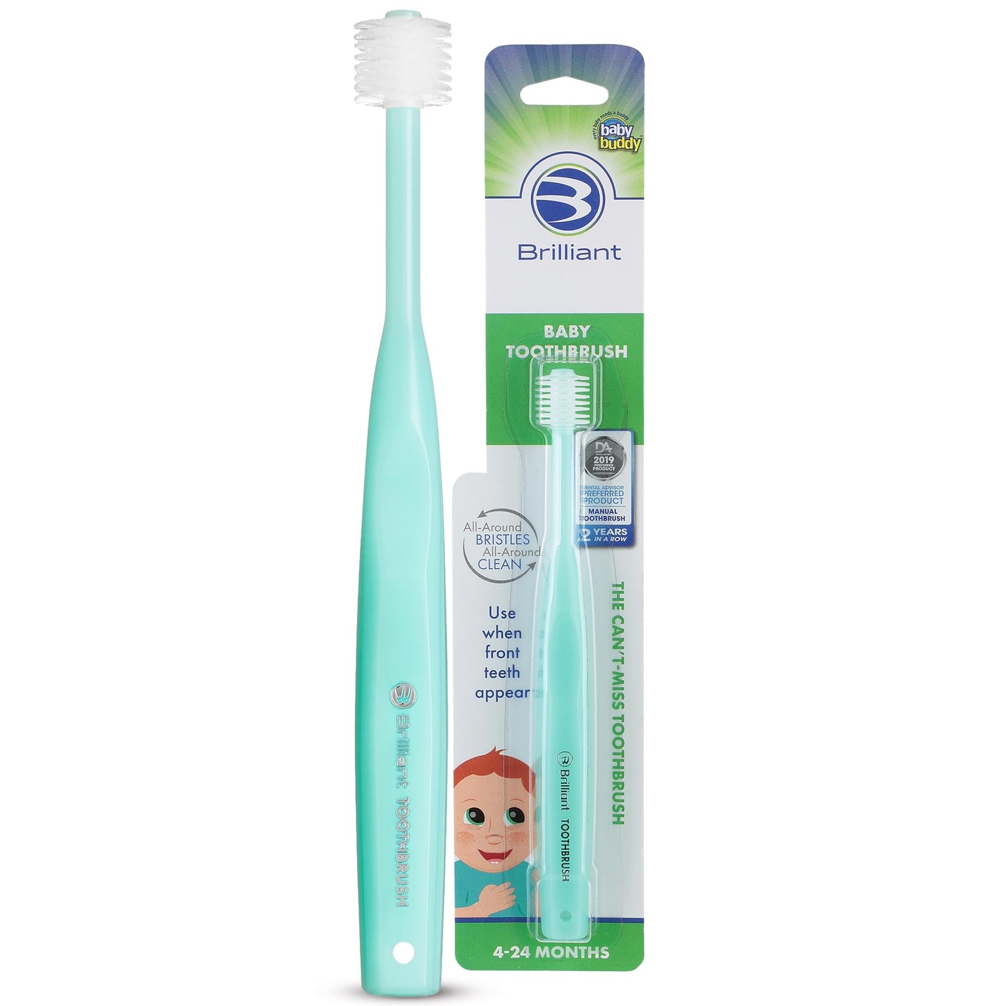 Brilliant Oral Care Baby Toothbrush – Soft Bristles, 360-degree Round Head, 0-2 Years (Mint Green)