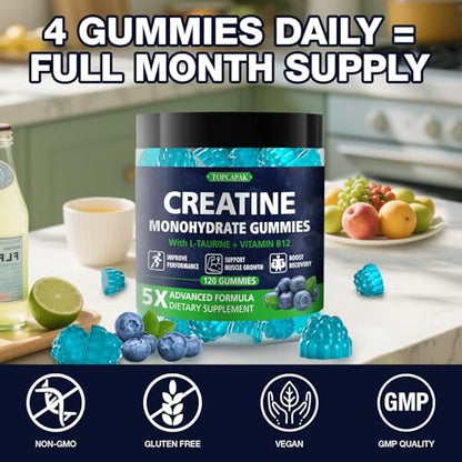 TOPCAPAK Creatine Gummies – Monohydrate, Blueberry, 5g Serving, 120 Gummies