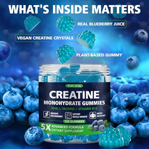 TOPCAPAK Creatine Gummies – Monohydrate, Blueberry, 5g Serving, 120 Gummies