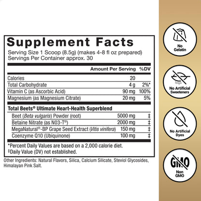 Total Beets Ultimate Heart Health - Blood Pressure Support with CoQ10, Beet Root Powder and Grape Seed Extract | 30 Servings