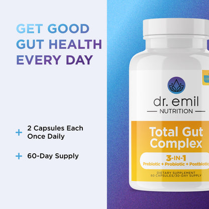 DR. EMIL NUTRITION Total Gut Health Complex – Prebiotic, Probiotic & Postbiotic Digestive Health Supplement | 120 Capsules