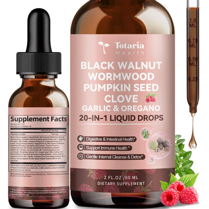 Totaria 20 in 1 Black Walnut Wormwood Tincture – Raspberry Flavor, Alcohol-Free, Gut Health – 2FL