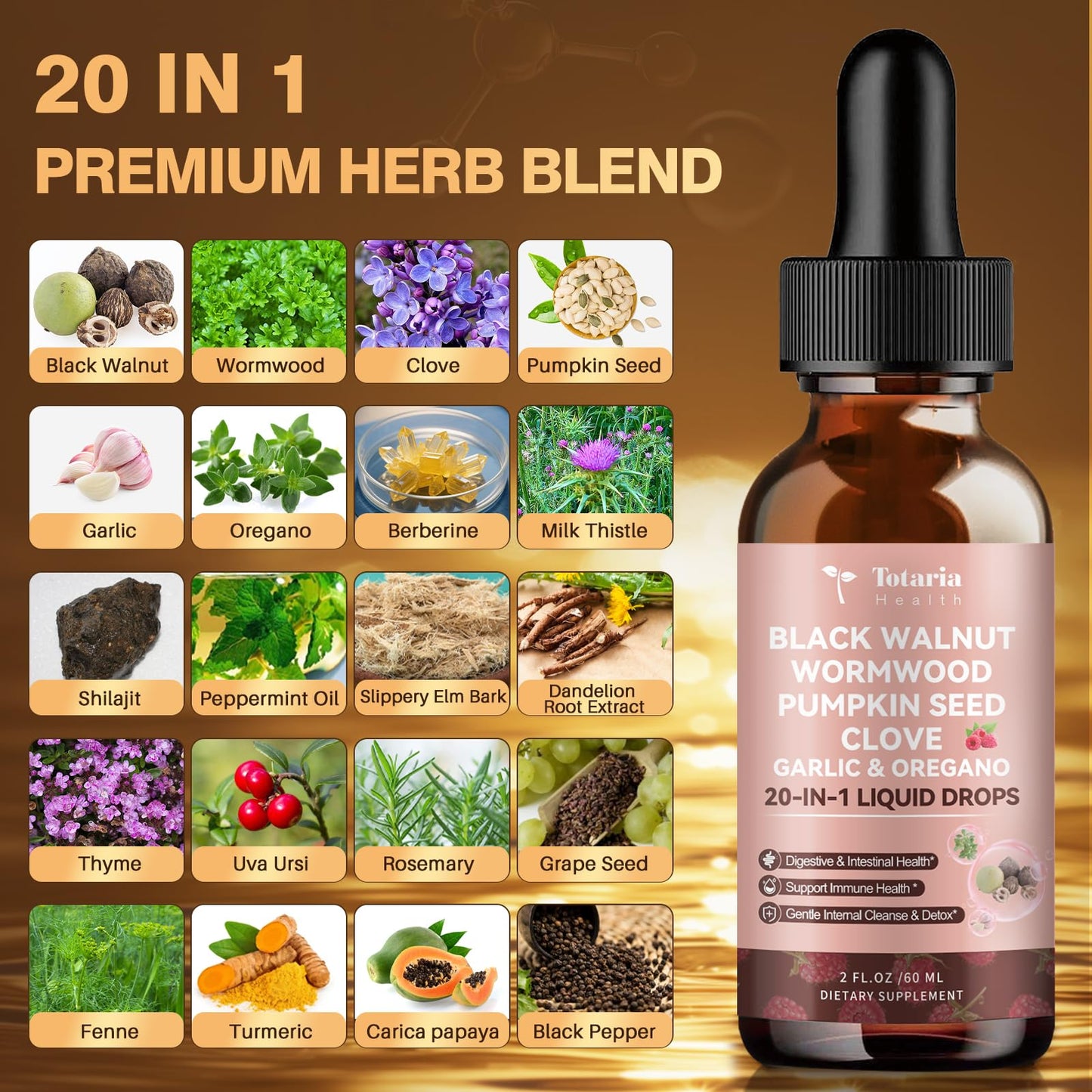 Totaria 20 in 1 Black Walnut Wormwood Tincture – Raspberry Flavor, Alcohol-Free, Gut Health – 2FL