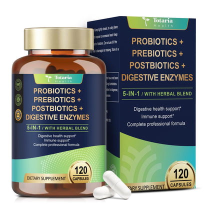 Totaria 5-in-1 Probiotic, Prebiotic & Postbiotic for Gut Health – 60B CFU, 4-Month Vegan Supply