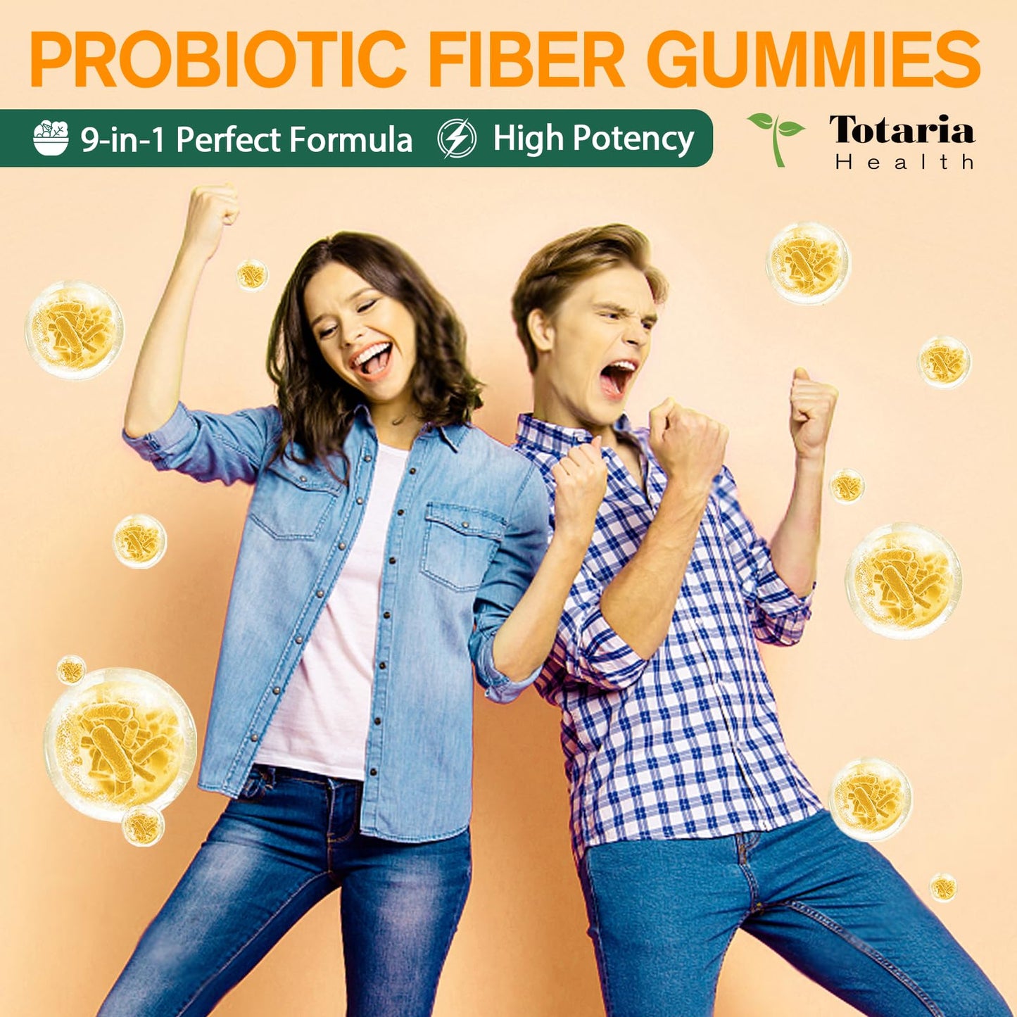 9-in-1 Probiotic Fiber Gummies for Adults & Teens – 60 Pineapple Gummies | Totaria
