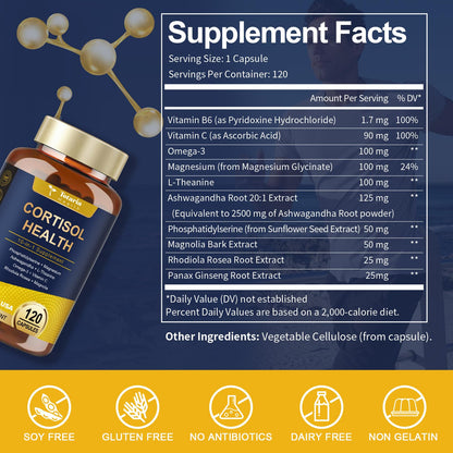 Totaria Cortisol Support with Ashwagandha, Magnesium, Rhodiola & L-Theanine - 120 Vegan Capsules (Women)