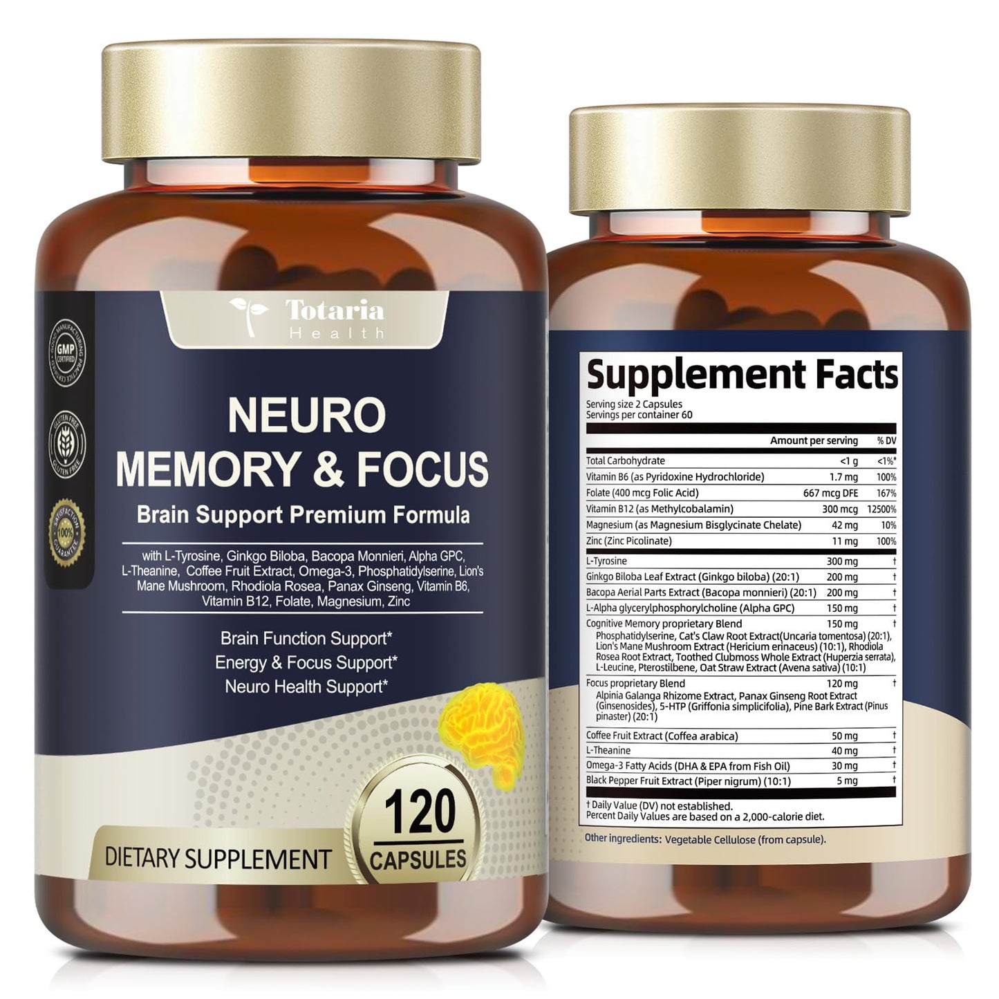 Totaria Brain Supplements for Memory & Focus - Non-GMO, Gluten Free (120 Counts)