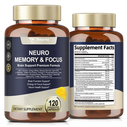 Totaria Brain Supplements for Memory & Focus - Non-GMO, Gluten Free (120 Counts)