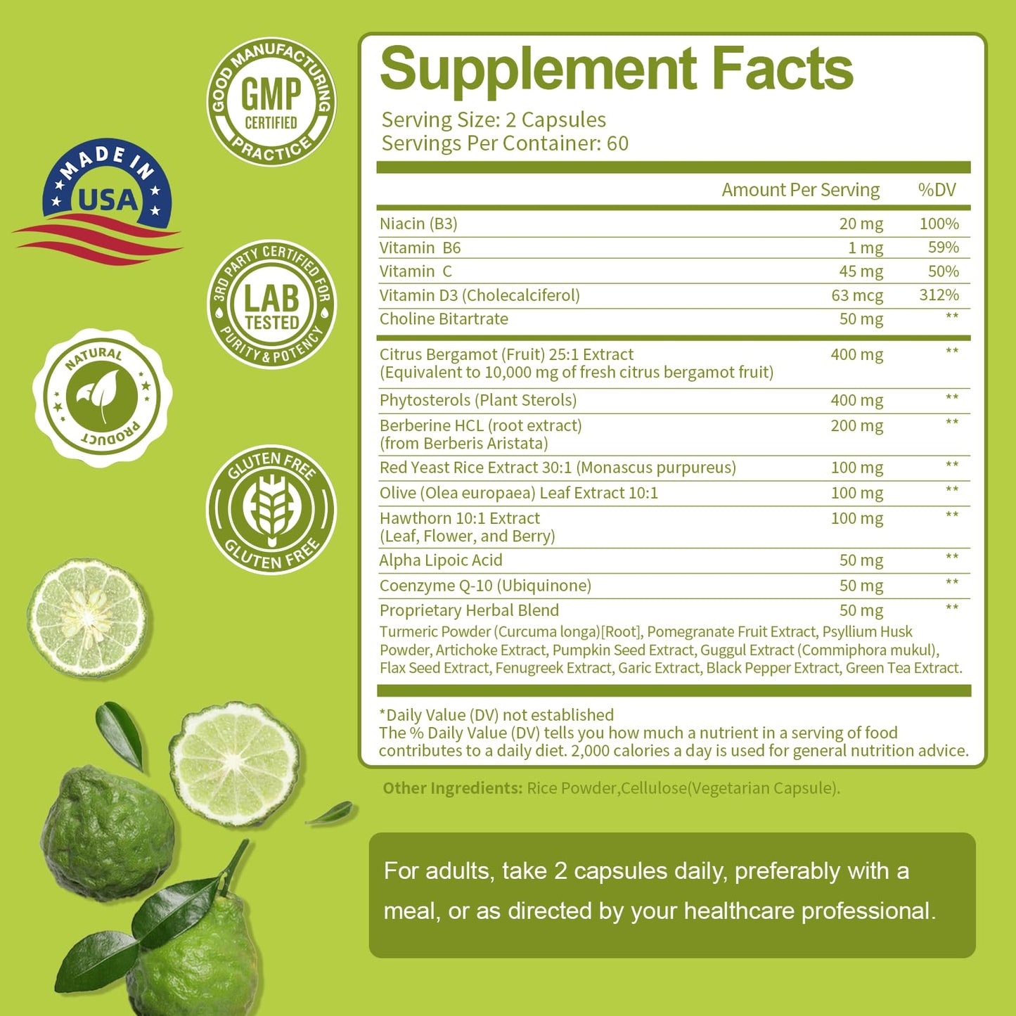 Totaria Citrus Bergamot Supplement for High Cholesterol | Italian Bergamot, Plant Sterols & Stanols | Vegan & Non-GMO | 120 Counts