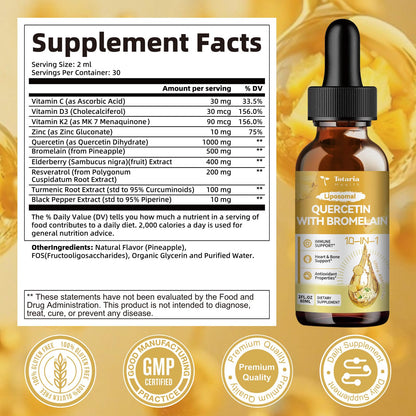 Totaria Liposomal Quercetin with Bromelain Liquid Drops - 1000mg Quercetin + 500mg Bromelain, Immune Support (2 fl oz)