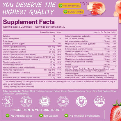 Totaria Sugar Free Multivitamin Gummies for Women 14+ – Iron, Folate, Strawberry