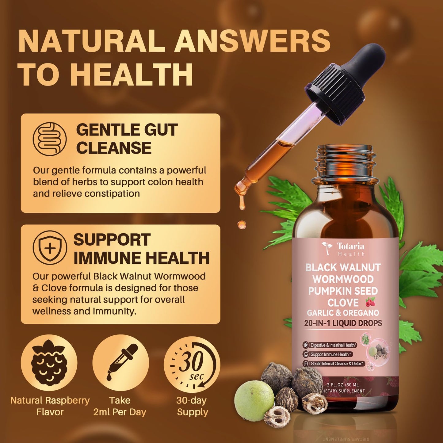 Totaria 2 Pack 20 in 1 Black Walnut Wormwood Tincture – Raspberry Flavor, Alcohol-Free, Digestive Health