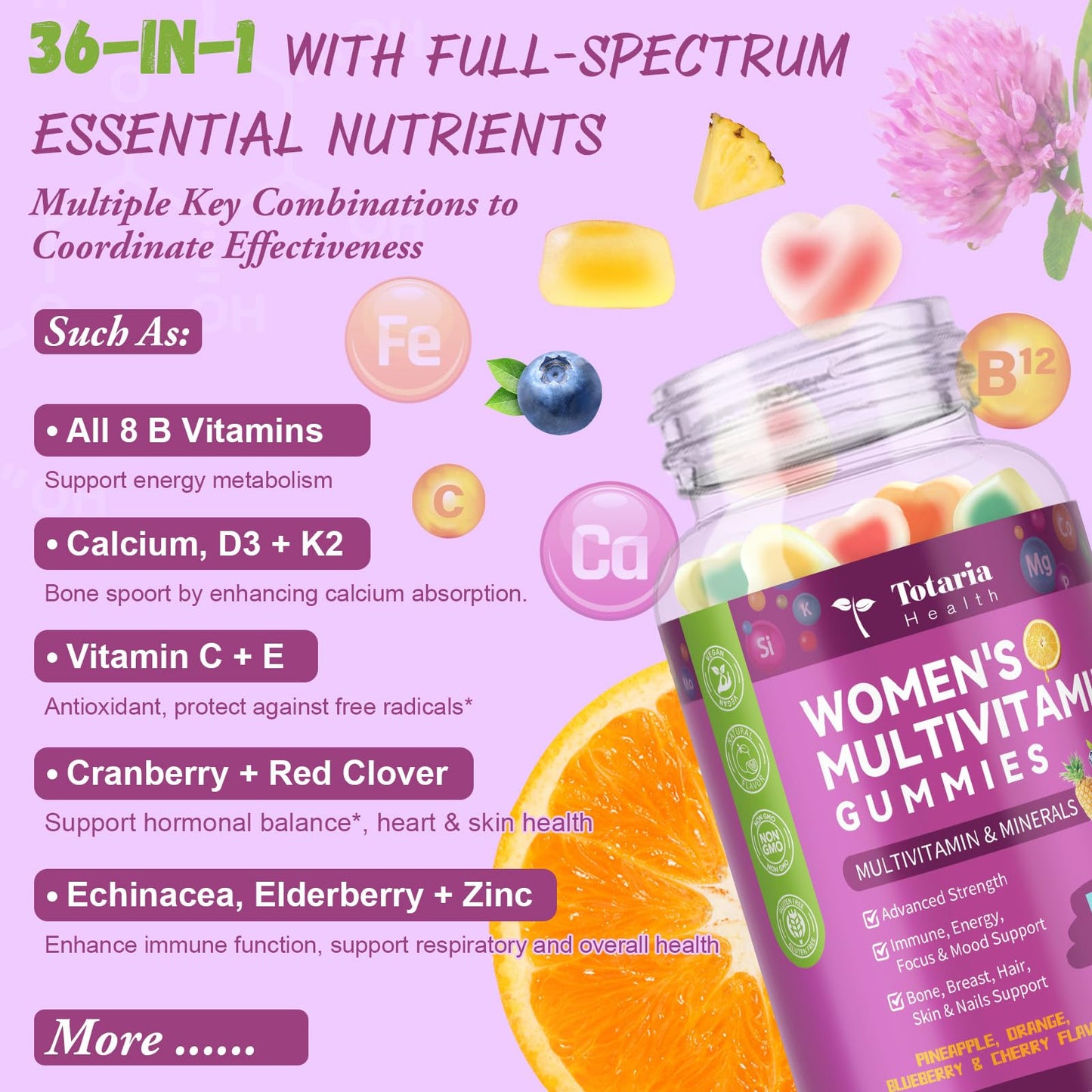 (2 Pcs) Sugar Free Women's Multivitamin Gummies with Iron – Immune & Skin Health