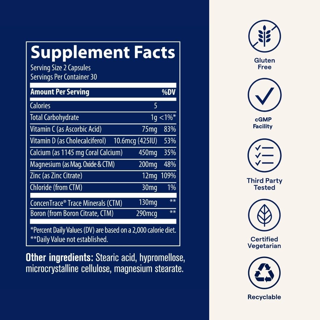 Trace Minerals Coral Calcium - Dietary Supplement for Immune & Bone Health | 60 Vegetarian Caps (30 Servings)
