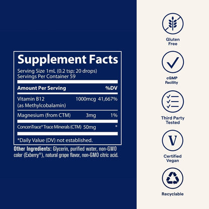 Trace Minerals Ionic B12 – Liquid Vitamin for Nerve & Hormone Health | 2 fl oz