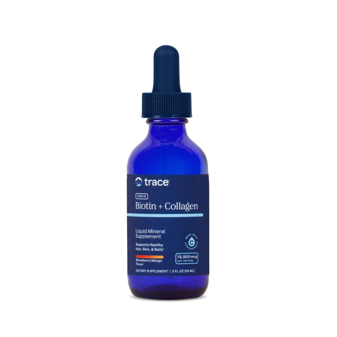 Trace Minerals Ionic Biotin + Collagen - Liquid Hair & Nails Support (Strawberry Mango, 2 oz)