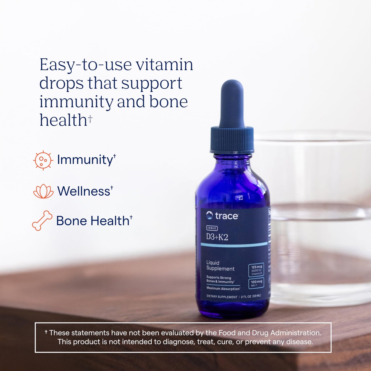 Trace Minerals Ionic D3+K2 Liquid Multivitamin - Bone & Heart Health, Calcium Support - 2 fl oz