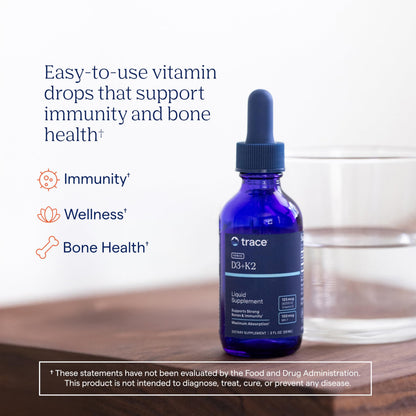 Trace Minerals Ionic D3+K2 Liquid Multivitamin - Bone & Heart Health, Calcium Support - 2 fl oz